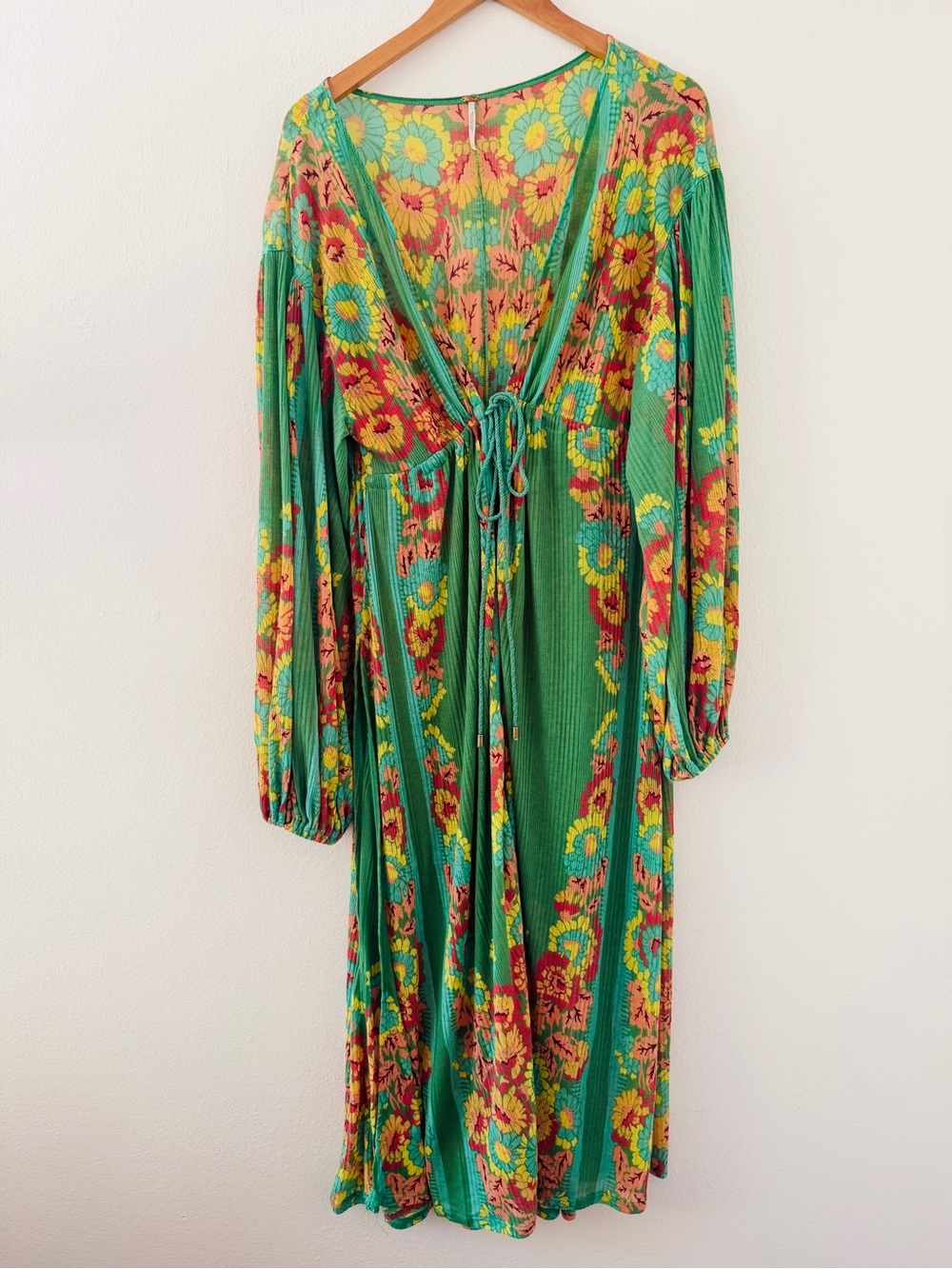Free People Dream Girl Maxi Top Tie Robe Duster Kimono - Emerald Green Combo